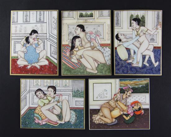 Five Indian erotic miniatures on ivory, late 19th/20th century, the largest 4.5 x 3.75in.